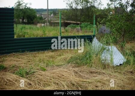 Der von starkem Wind abgerissene Zaun liegt auf trockenem Gras. Nachwirkungen von Hurrikan und Sturm Stockfoto