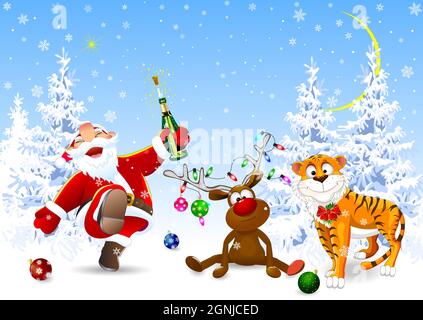 Weihnachtsmann, Hirsch und Tiger im Winterwald. Winter verschneite Nacht am Heiligabend. Stock Vektor
