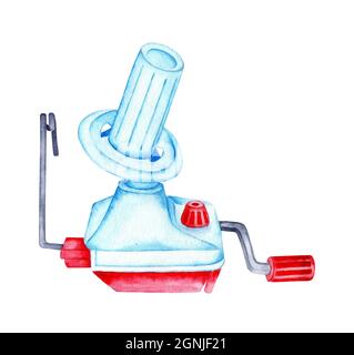 Aquarell-Illustration eines Handgarnwicklers. Maschine zum Wickeln von Wollfäden zu einer Kugel. Stricken, Handarbeiten, Handarbeit. Wickeln Sie die Fäden auf Stockfoto