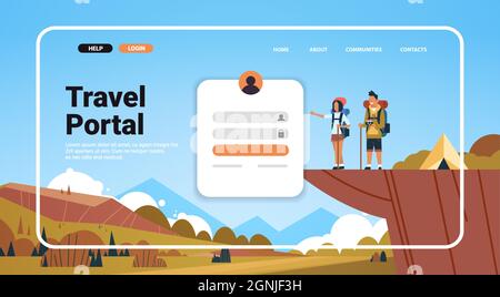 Mann Frau Paar Wandern in den Bergen Website Landing Page Vorlage Reise Portal Reise Abenteuer Konzept Stock Vektor