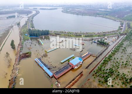 Huaxian, Huaxian, China. September 2021. 25. September 2021, Hochwasser nach heftigen Regenfällen in Huaxian, Henan.seit der Hochwassersaison in diesem Jahr hat der Landkreis Huaxian, Provinz Henan, mehrere Runden heftiger Regenfälle erlebt und der Bodenfeuchtegehalt ist stark gesättigt. Vom 24. Bis 25. September fiel der Landkreis Huaxian in heftigen Regen. Aufgrund der anhaltenden Regenfälle im oberen Bereich des Flusses Weihe und der Überschwemmungsflut aus dem Panshitou-Stausee wurde das Hochwasserlager- und Haftgebiet des Ã¢â‚¬''¹Ã¢â‚¬''¹Weihe Changhong-Kanals wieder zu Zeguo, und die Wasseransammlung nahm weiter zu Stockfoto