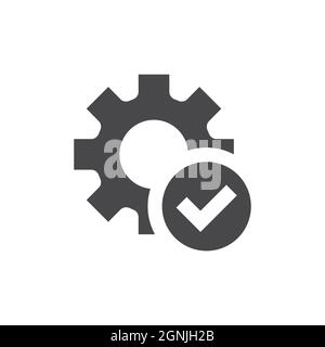 Zahnrad mit ok, tick black Vektor-Symbol. Zahnrad- und ein-aus-Symbol. Stock Vektor