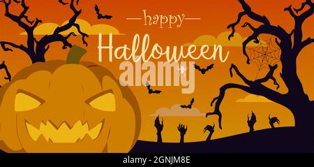 Banner Kürbis auf dem Hintergrund des Sonnenuntergangs. Frohe Halloween. Stock Vektor