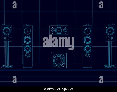 Drahtgestell aus Lautsprechern in einem Raum aus blauen Linien auf dunklem Hintergrund. Vektorgrafik. Stock Vektor