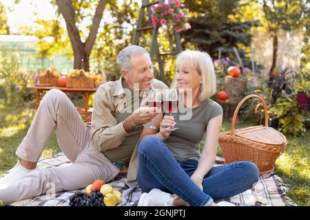 Wir feiern das Jubiläum. Liebevolles älteres Paar, das Wein trinkt, auf der Decke sitzt, während es im Garten picknickt Stockfoto