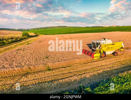 Mähdrescher auf dem Weizenfeld. Schöne Sommeransicht von fliegenden Drohnen der Weizenernte. Wunderbare ländliche Szene am Stadtrand von Ternopil, Ukr Stockfoto