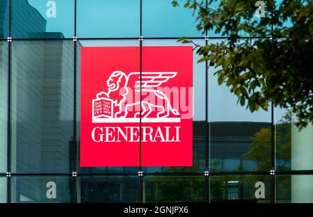 Logo auf dem Gebäude von Generali France, der französischen Versicherungsgesellschaft, Tochtergesellschaft des italienischen Konzerns Generali Stockfoto