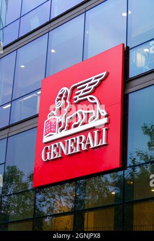 Logo auf dem Gebäude von Generali France, der französischen Versicherungsgesellschaft, Tochtergesellschaft des italienischen Konzerns Generali Stockfoto