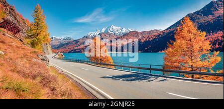 Leere Asphaltstraße am Ufer des Sils-Sees. Panoramablick auf die Schweizer Alpen am Morgen. Bunte Herbstszene der Schweiz, Europa. Reisekonzept BA Stockfoto