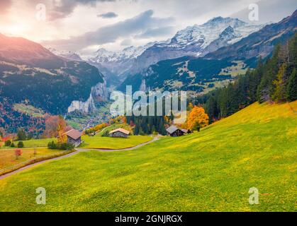 Blick von der fliegenden Drohne auf das Dorf Wengen, Bezirk Lauterbrunnen. Tolle Sonnenaufgangsszene der Schweizer Alpen. Erstaunliche Herbstlandschaft der Schweiz CO Stockfoto