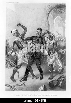 Vintage-Illustration des Todes von Major General Charles George Gordon am 26. Januar 1885 während der Belagerung von Khartum im Sudan unter Führung des muslimischen religiösen Führers und selbst ernannten Mahdi, Muhammad Ahmad. Von dem Künstler Jean Leon Gerome Ferris Stockfoto