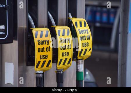 London, Großbritannien. September 2021. An einer Texaco-Station ist im Zentrum von London kein Benzin mehr vorhanden. An vielen Stationen ist aufgrund des Mangels an LKW-Fahrern im Zusammenhang mit dem Brexit und dem panischen Kauf der Tankstellen der Treibstoff ausgelaufen. Stockfoto