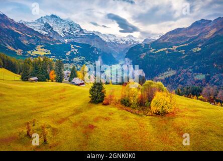 Blick aus fLuftlandschaftsfotografie. Farbenfrohe Sommeransicht von der fliegenden Drohne des Dorfes Wengen, Bezirk Lauterbrunnen. Düstere Morgenszene von Stockfoto
