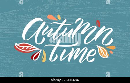 Vektorgrafik Herbstzeit mit Schriftzügen Typografie der Herbstzeit. Herbstikone, Abzeichen, Poster, Banner mit Signatur. Apfel, Blätter Stock Vektor
