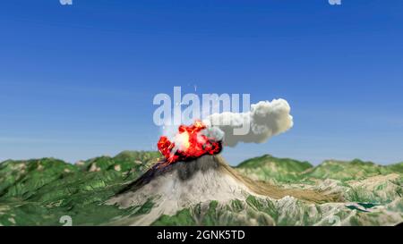 Luftaufnahme eines Vulkans während eines Eruption, Lava und Explosion. Rauch und Asche, die aus der Spitze des Vulkans kommen. 3d-Rendering Stockfoto