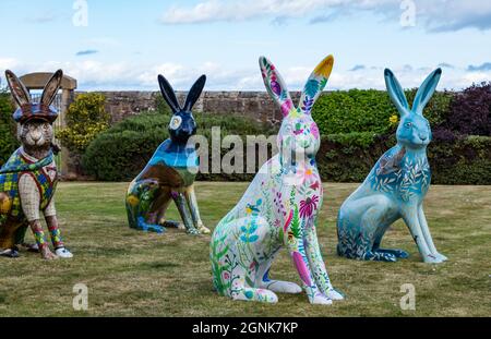 North Berwick, East Lothian, Schottland, Vereinigtes Königreich, 26. September 2021. Hare Art Trail: 10 riesige, handgemalte Hasen-Skulpturen von jeweils einem anderen Künstler werden auf dem Rasen des Marine Hotels versammelt, bevor die Charity-Auktion am 1. Oktober stattfindet. Es wird von der Respite Charity Leuchie House in Zusammenarbeit mit Wild in Art organisiert Stockfoto