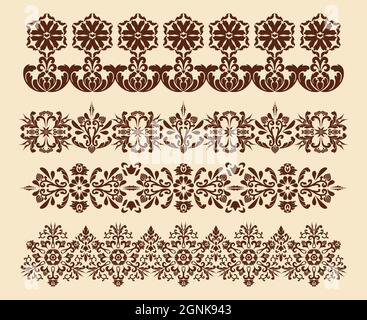 Set aus vier Bordüren-Ornamenten. Gemusterte Rahmen Damaskus im antiken Stil. Vektordesign-Element. Computergrafiken. Stock Vektor