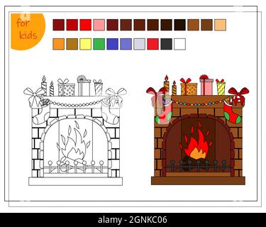 Ein Malbuch für Kinder, ein Kamin mit Geschenken für Weihnachten dekoriert. vector isoliert auf einem weißen Hintergrund Stock Vektor