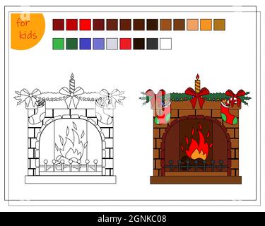 Malbuch für Kinder, Kamin für Weihnachten dekoriert. vektor isoliert auf weißem Hintergrund Stock Vektor