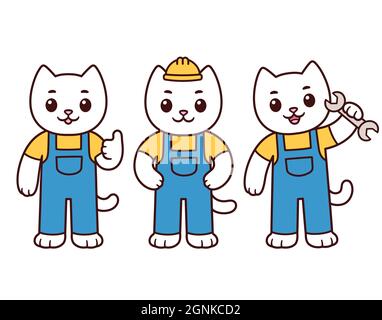 Niedliche Karikatur Bauarbeiter Katze Charakter-Set. Weißes Kitty-Maskottchen in Uniform mit Handyman-Werkzeugen. Vektorgrafik Clip Art Illustration. Stock Vektor