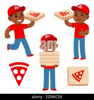 Cute Cartoon Black Pizza Lieferung Junge hält Pizza-Boxen mit Pizzeria-Logo. Einfache Darstellung flacher Vektorzeichen. Stock Vektor