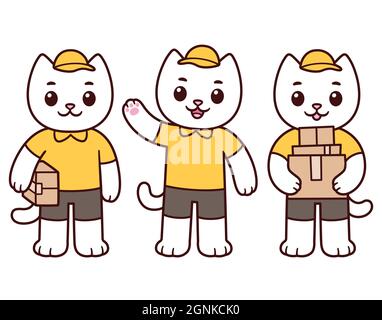 Niedliche Cartoon Lieferung Katze Maskottchen Set. Postarbeiter, Kurierdienst. Weiße Kitty in gelben Uniform halten Boxen und winken. Vektorgrafik Clip Art Abb. Stock Vektor