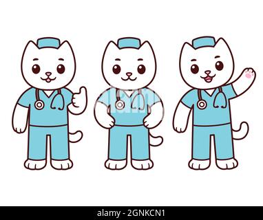 Niedliche Cartoon Krankenschwester oder Arzt Katze Charakter-Set. Weißes Kitty-Maskottchen in der Uniform des Gesundheitsarbeiters. Vektorgrafik Clip Art Illustration. Stock Vektor