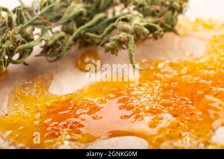 Konzentriere goldenes Harzwachs und trockene grüne Cannabisknospen mit hohem thc-Gehalt aus der Nähe. Stockfoto