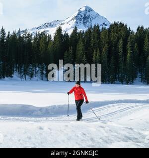 Skifahrerin, länderübergreifende Übung an einem sonnigen Wintertag Stockfoto