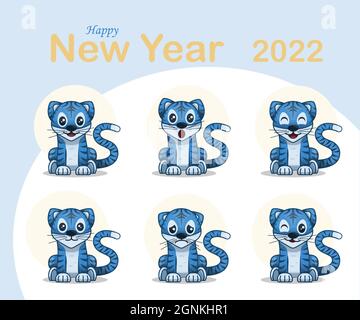 Niedliche Vektor blaue Tiger Glückliche chinesische Neujahrsgruß Karte 2022 Tierferien Cartoon-Charakter mit verschiedenen Emotionen Stock Vektor