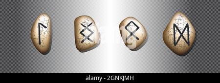 Satz aus vier Runen-Symbolen. Runenalphabet, Futhark. Alte nordische okkulte Symbole, schwarze wikinger Buchstaben geschnitzt in Stein, Rune Schrift. Runenhafte magische talis Stock Vektor