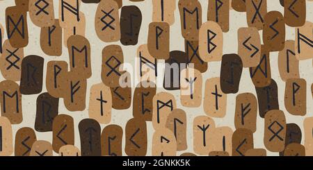 Runen nahtlose ethnische Muster. Runenalphabet, Futhark. Alte nordische okkulte Symbole, schwarze wikinger Buchstaben auf brauner, rune Schrift. Design für Stoff, wa Stock Vektor