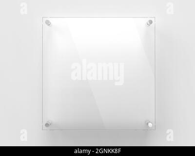 Quadratisches Typenschild aus transparentem Glas auf Metallhaltern mit Abstandshalter. Durchsichtiges Druckbrett für das Branding. Acryl-Werbeschilder auf weißem Hintergrund Stockfoto