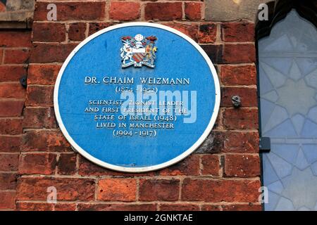 Dr. Chaim Weizmann blaue Plakette. Jüdisches Geschichtsmuseum. Cheetham Hill Road, Manchester. Stockfoto