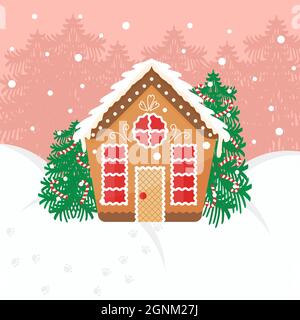 Niedliche Lebkuchenhäuser Landschaft mit Weihnachtsbäumen und Schnee Vektor-Illustration. Festliches Design für Grußkarten. Poster zum neuen Jahr Stock Vektor