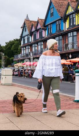Trendige Frau, die im Herbst mit ihrem Hund auf der Seaside Promenade spaziert Stockfoto