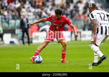 TURIN, ITALIEN, 26. SEPTEMBER 2021. Antonio Candreva von UC Sampdoria während des Spiels zwischen Juventus FC und UC Sampdoria am 26. September 2021 im Allianz Stadium in Turin, Italien. Kredit: Massimiliano Ferraro/Medialys Images/Alamy Live Nachrichten Stockfoto