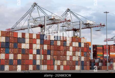 Southampton, England, Großbritannien. 2021. Hoch gestapelte Container in einem Containerhafen, der von Brückenkranen am Hafen in den Schatten gestellt wird. VEREINIGTES KÖNIGREICH Stockfoto