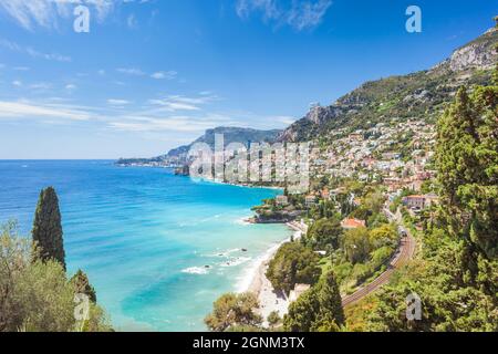 Blick auf Monaco Monte-Carlo von Roquebrune-Cap-Martin, Provemce, Cote d'Azure, Frankreich Stockfoto