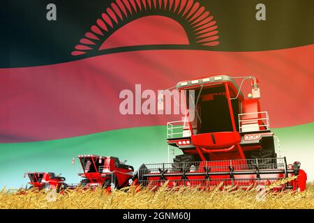 Industrielle 3D-Illustration von Rotweizen landwirtschaftlichen Mähdrescher auf dem Feld mit Malawi Flagge Hintergrund, Lebensmittelindustrie Konzept Stockfoto