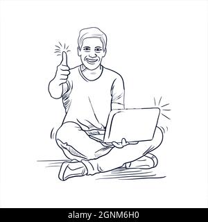 Glücklicher Mann sitzt mit Laptop Linie Zeichnung Vektor-Illustration. Daumen hoch nach dem erfolgreichen Job. Dieser Typ ist sehr aufgeregt mit einem Laptop. Stockfoto