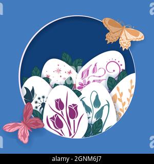 Frohe Ostern Grußkarte. Laserschnitt. Vector geschichteten Papier geschnitten Stil Osterei, Blätter, Blumen und Schmetterlinge. Scrapbooking. .... Stock Vektor