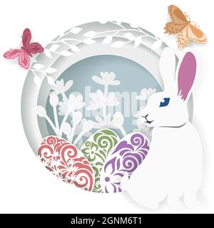 Frohe Ostern Grußkarte. Laserschnitt. Vektor geschichteten Papier geschnitten Stil Osterei mit Kaninchen, Blätter, Blumen und Schmetterling. Scrapbooking... Stock Vektor