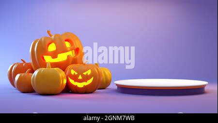 Minimalistische Halloween-Plattform mit Kürbissen auf violettem Hintergrund für die Produktanzeige in 3D-Rendering. Happy halloween Werbevorlage Stockfoto