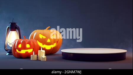 Halloween Podium Plattform mit Kürbissen auf dunklem Hintergrund für Produktpräsentation in 3D-Rendering. Happy halloween Werbevorlage Stockfoto
