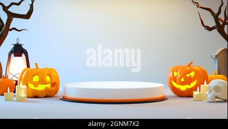 3D-Rendering einer Halloween-Podium-Plattform mit Kürbissen auf weißem Hintergrund für die Präsentation von Sachen. Happy halloween Werbevorlage Stockfoto