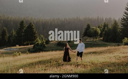 Ein junges, romantisches Paar, das auf einem Feld spazierengeht und Spaß hat Stockfoto