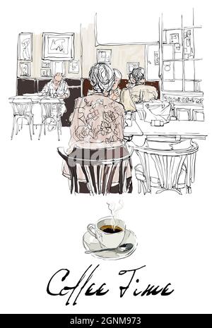 Zeichnung und Aquarell, das Menschen beim Kaffee in einem Café zeigt - Vektordarstellung Stock Vektor