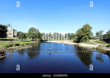 20. September 2021: Eine Frau geht auf Trittsteinen über den Fluss Wharfe mit den Ruinen des Priorats Bolton im Hintergrund Stockfoto