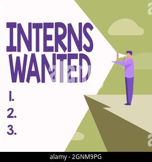 Schreiben mit Text Praktikanten gewünscht. Konzeptionelles Foto auf der Suche nach auf dem Job Trainee Teilzeit Werkstudentin Geschäftsmann Zeichnung stehend in Stockfoto
